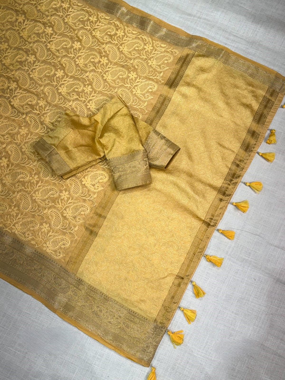 Blush Pink Floral Jacquard Weave Traditional Silk Saree with Rose Gold Border